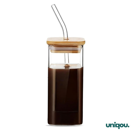 Square Glass Mason Jar with Wooden Lid & Glass Straw (410ml) - Uniqou™